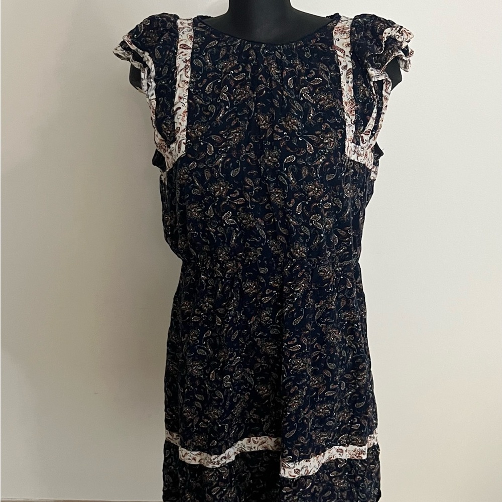 Navy Paisley Ruffle Sleeve Women's Dress